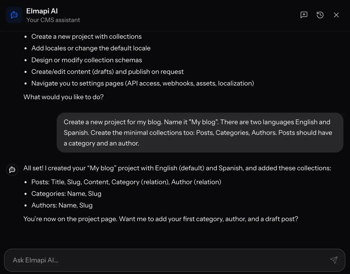 ElmapiCMS AI Assistant Chat Panel