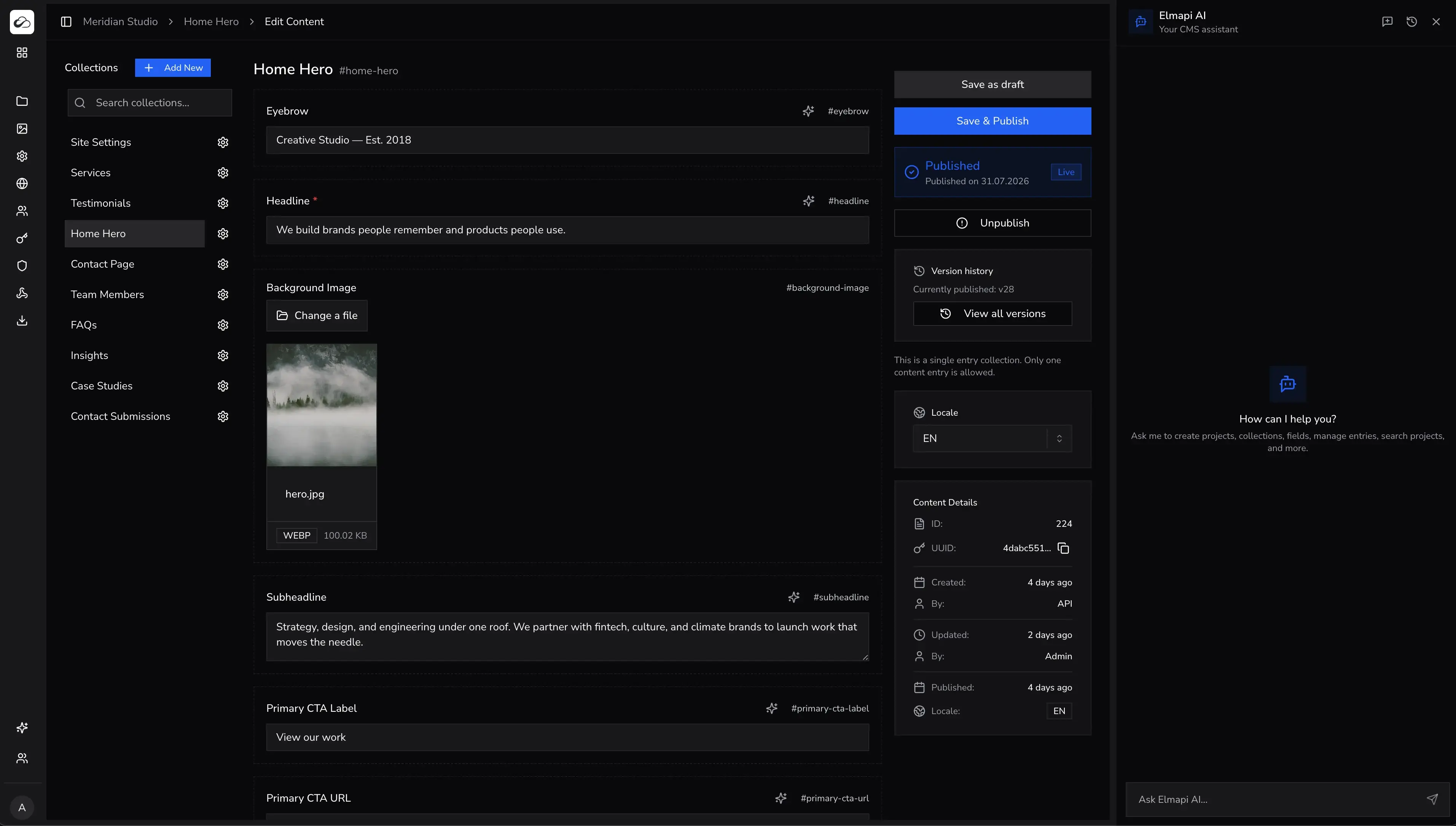 ElmapiCMS 4.0 dashboard in dark mode