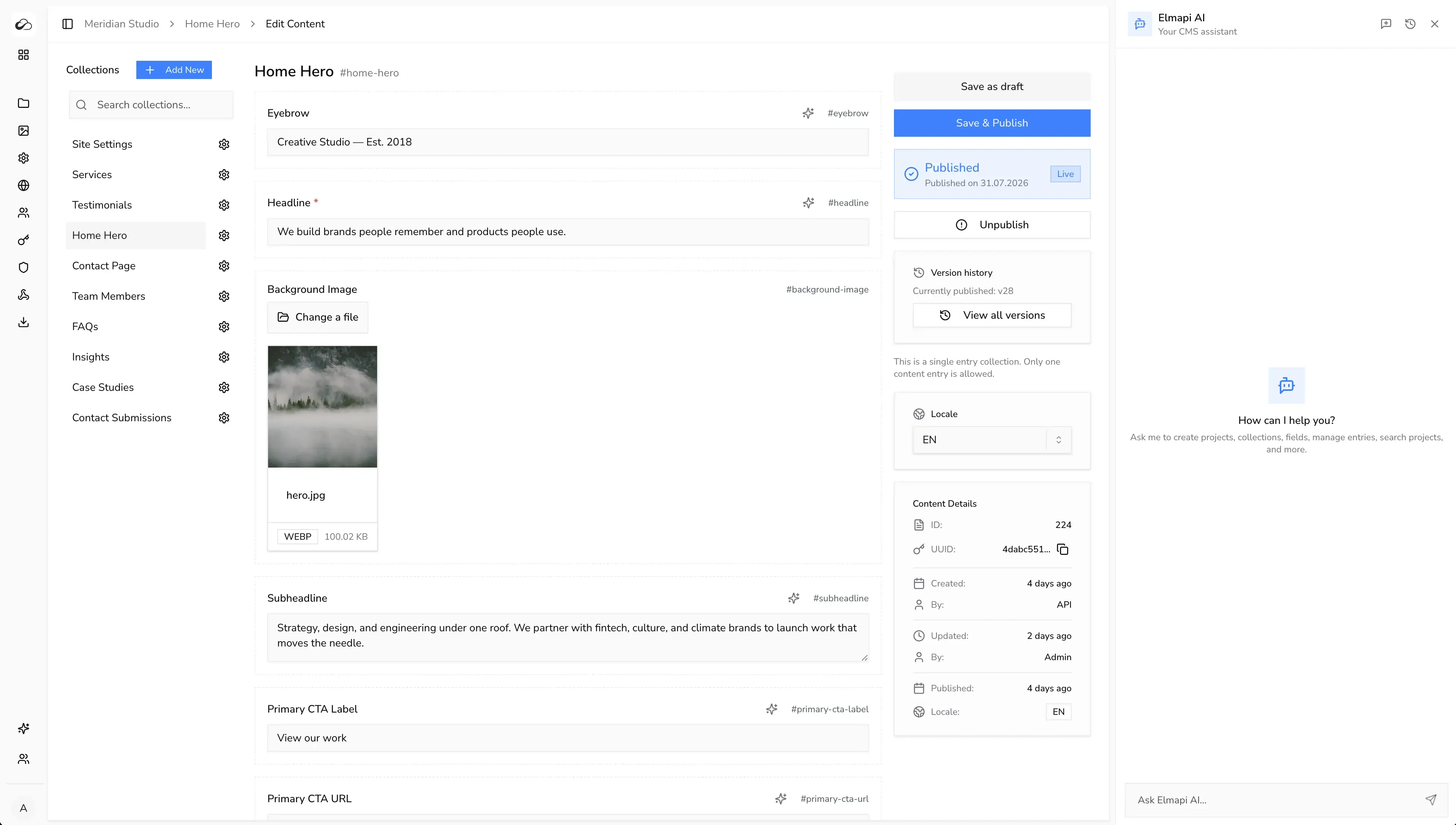 ElmapiCMS 4.0 dashboard in light mode