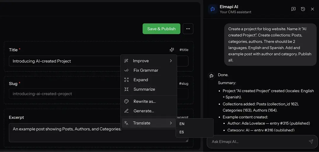 ElmapiCMS AI assisted authoring screenshot
