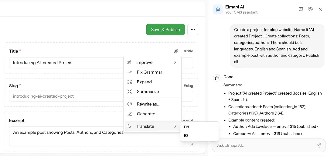 ElmapiCMS AI assisted authoring screenshot
