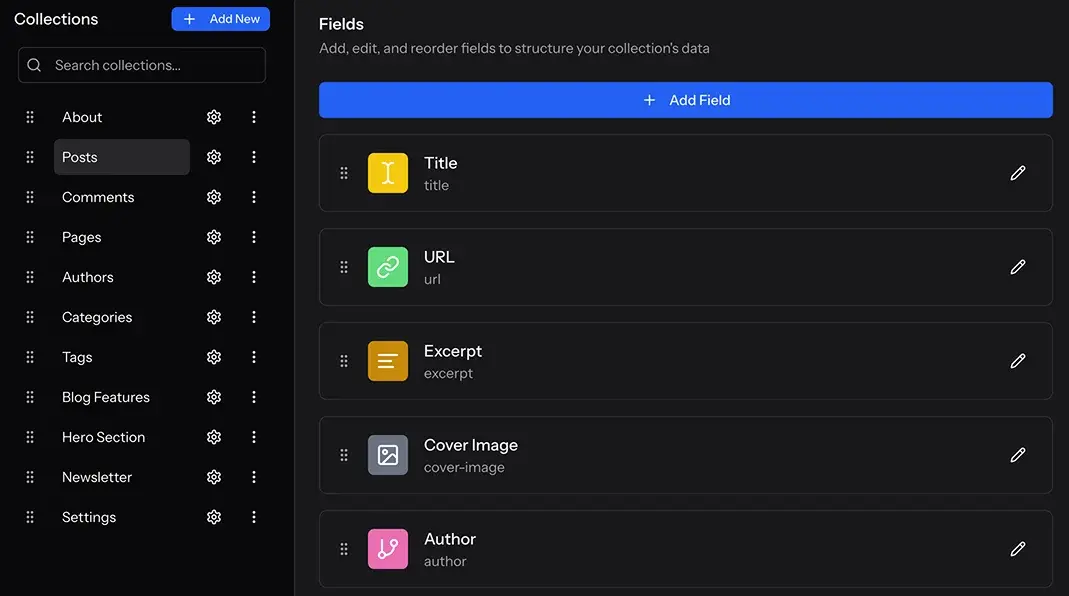 ElmapiCMS content modeling screenshot