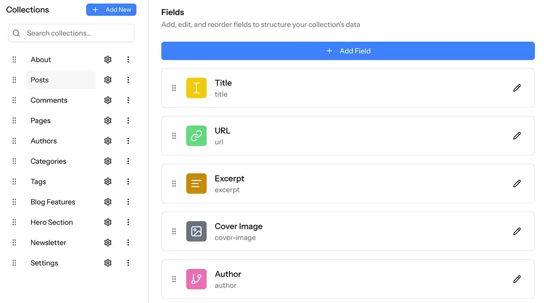 ElmapiCMS content modeling screenshot