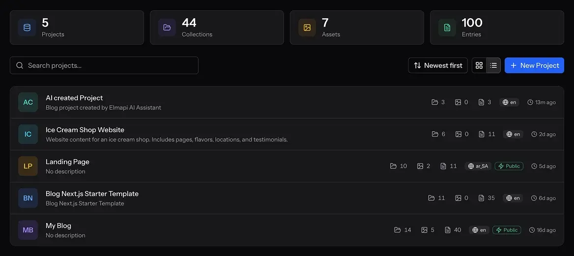 ElmapiCMS multi-project operations screenshot
