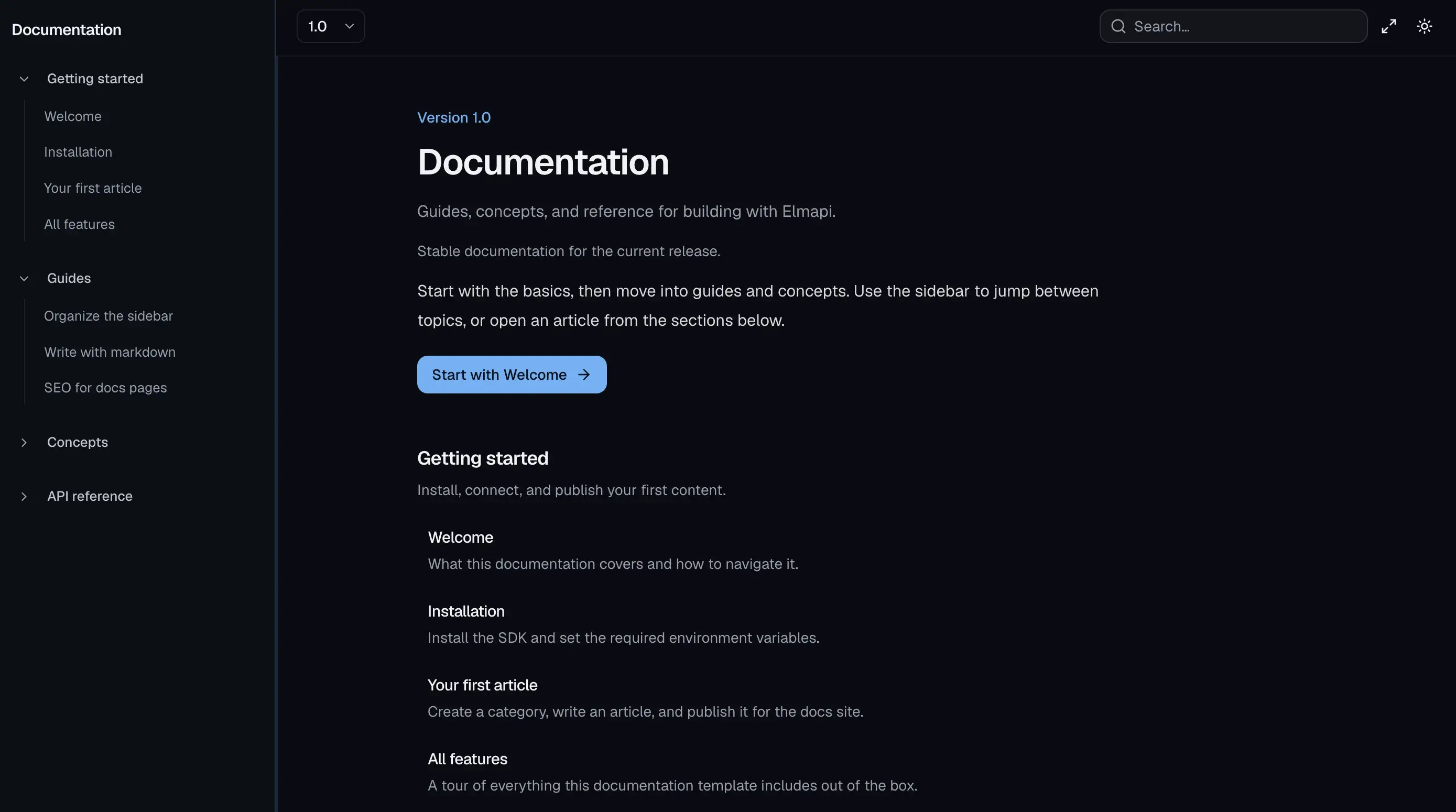 Documentation template screenshot, dark mode