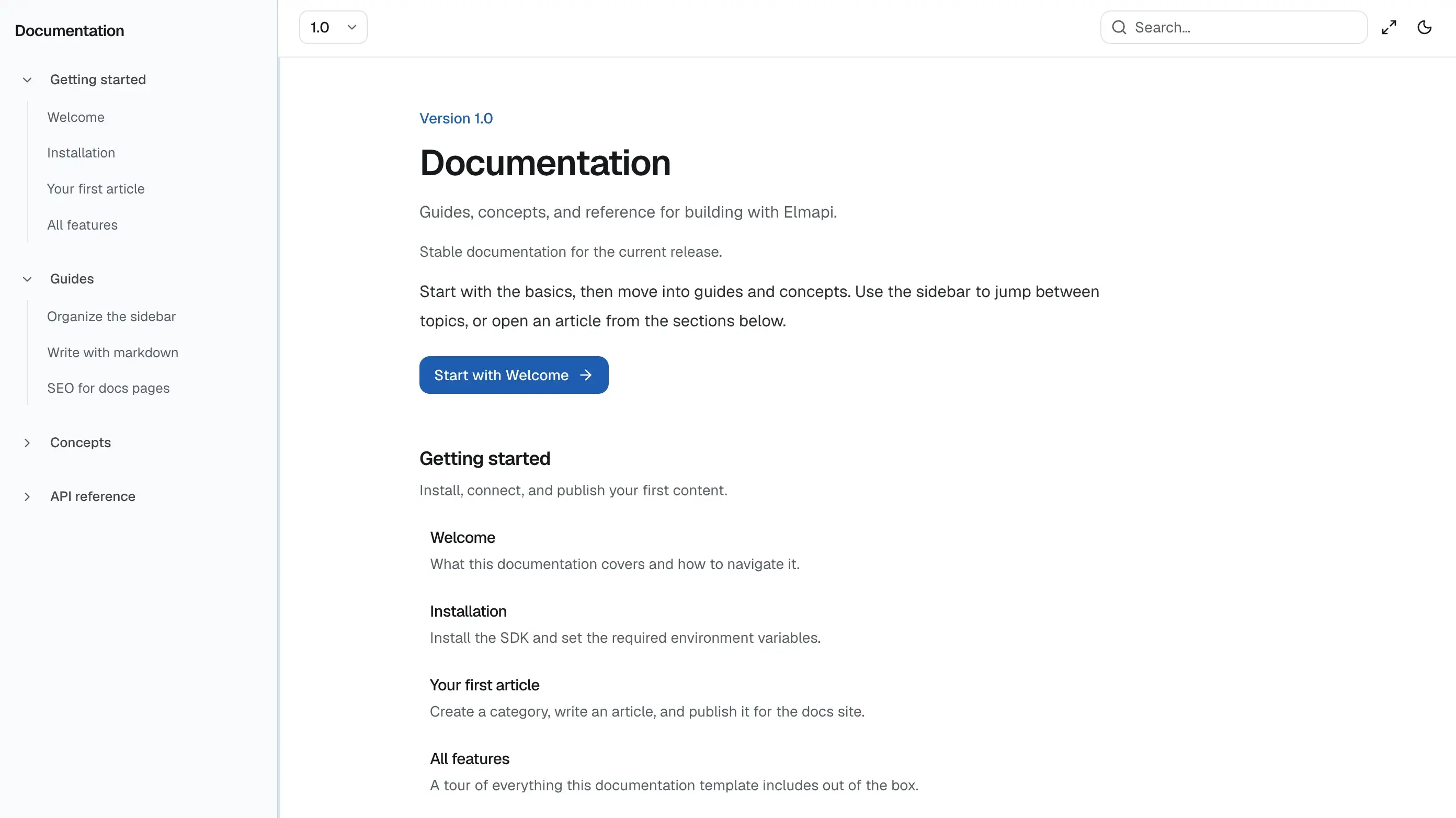 Documentation ElmapiCMS template screenshot for Next.js, Nuxt, Astro