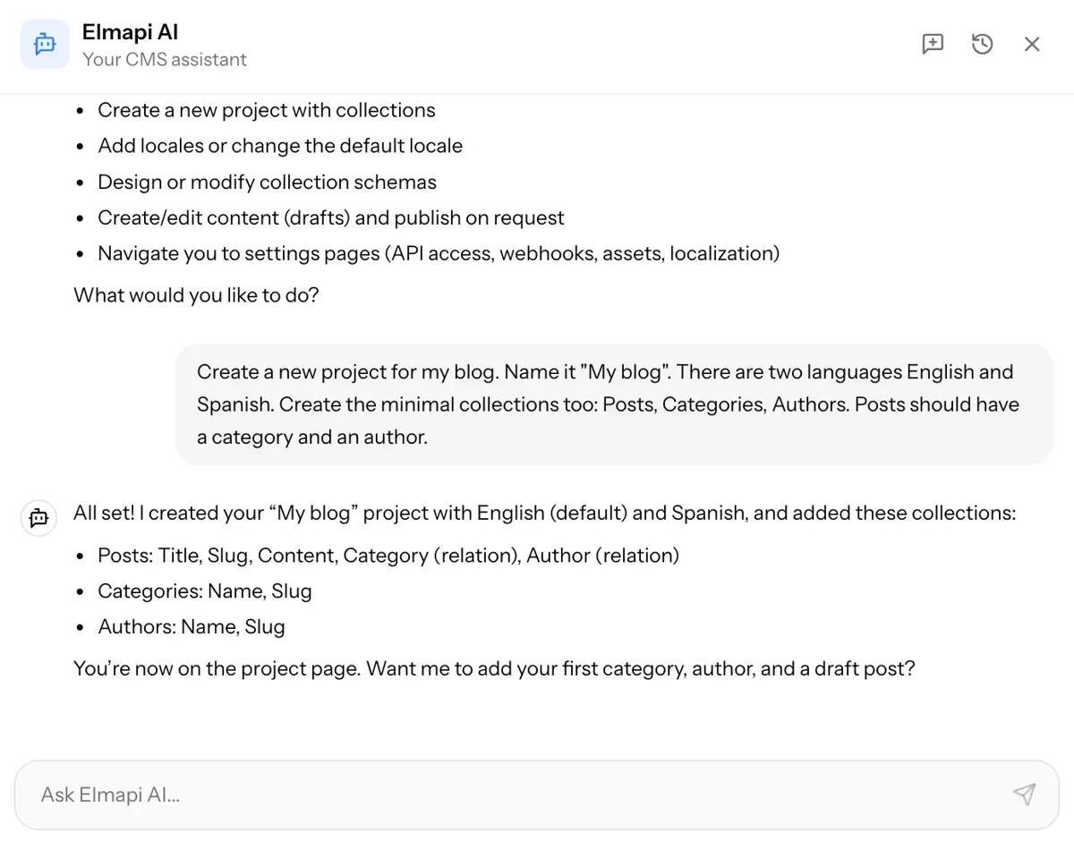 ElmapiCMS AI Assistant Chat Panel