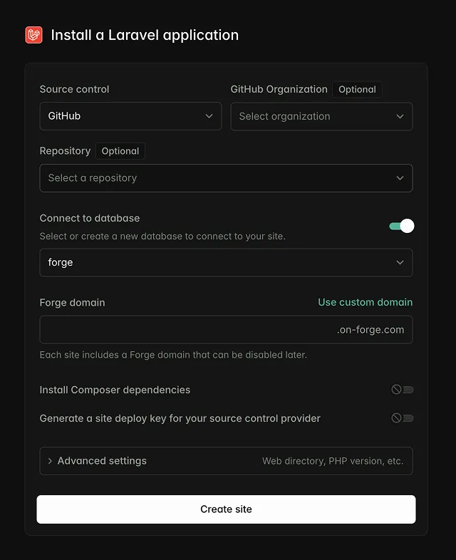 Create a new Laravel site